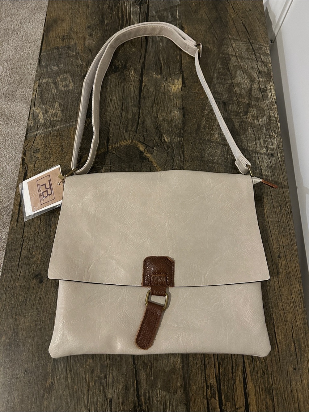 Cream Crossbody Shoulder Bag with Brown Accent